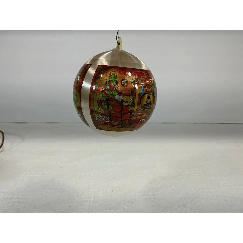 Vintage Christmas Greetings 1982 Satin Ball Ornament Fireplace Scene Cream Multi